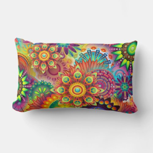 Multicolored Art Deco Flower Shapes Pattern Lumbar Pillow