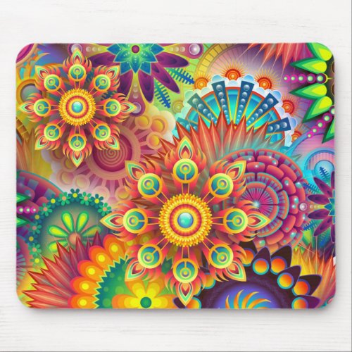 Multicolored Art Deco Flower Shapes Pattern Mouse Pad