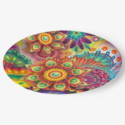 Multicolored Art Deco Flower Shapes Pattern Paper Plates