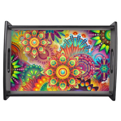 Multicolored Art Deco Flower Shapes Pattern Serving Tray