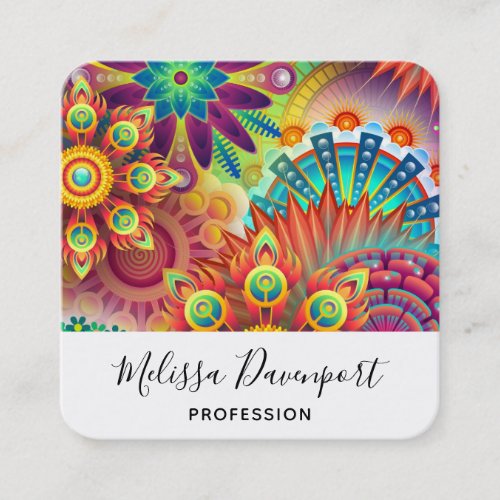 Multicolored Art Deco Flower Shapes Pattern Square Business Card