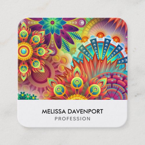 Multicolored Art Deco Flower Shapes Pattern Square Square Business Card