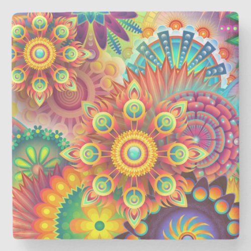 Multicolored Art Deco Flower Shapes Pattern Stone Coaster