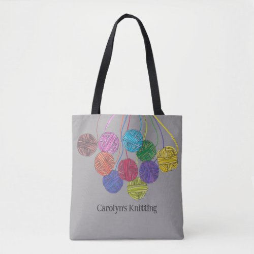 Multicolored balls of yarn knitting personalized tote bag