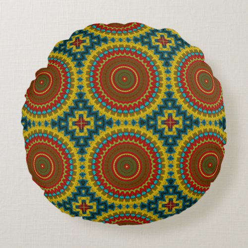   Multicolored Bohemian Print Modern Tribal Ethnic Round Pillow