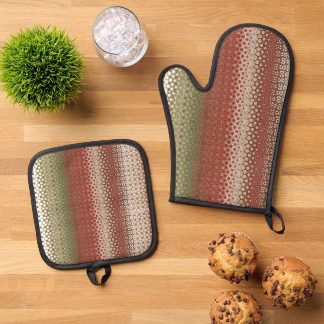 Multicolored boho  oven mitt & pot holder set (Top Down)