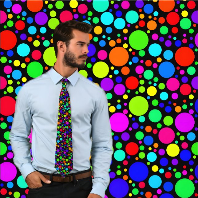Multicolored Bubble Dots Tie (Black) (Man wears a Multicolored Bubble Dots on Black Tie. Background matches tie pattern. )