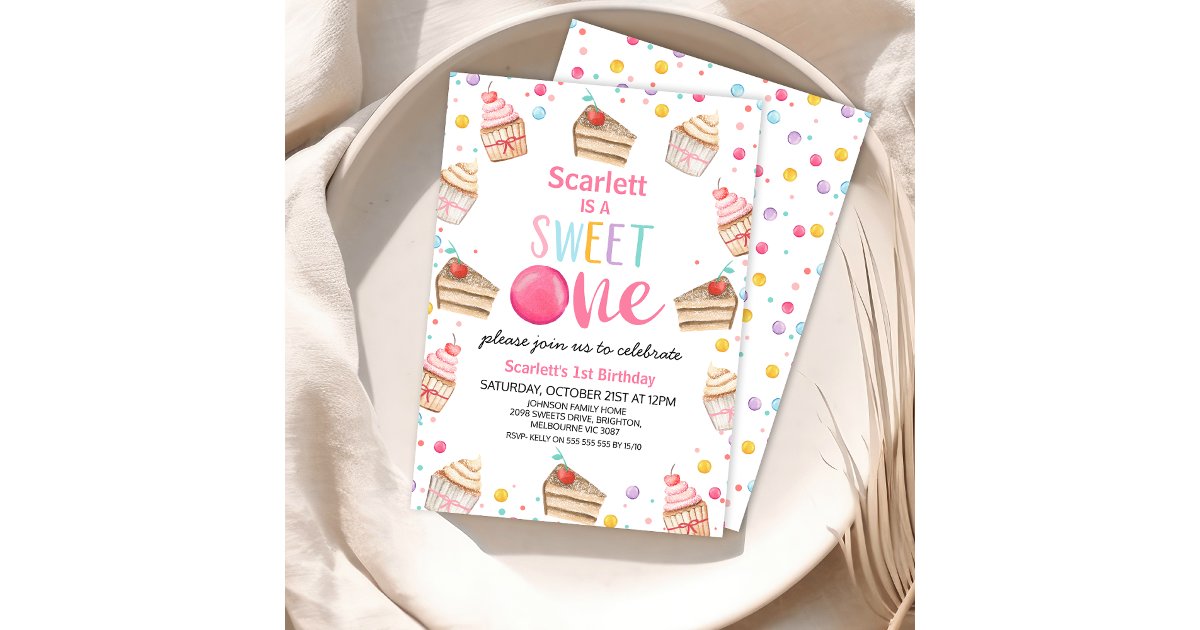 Multicolored Cake Candy Sweet One 1st Birthday Invitation | Zazzle