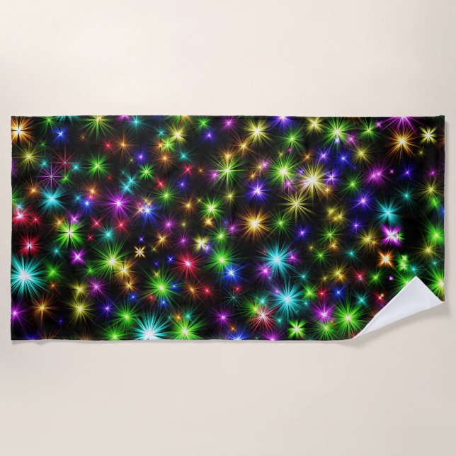 Multicolored Christmas Star Rays Pattern Beach Towel (Front)