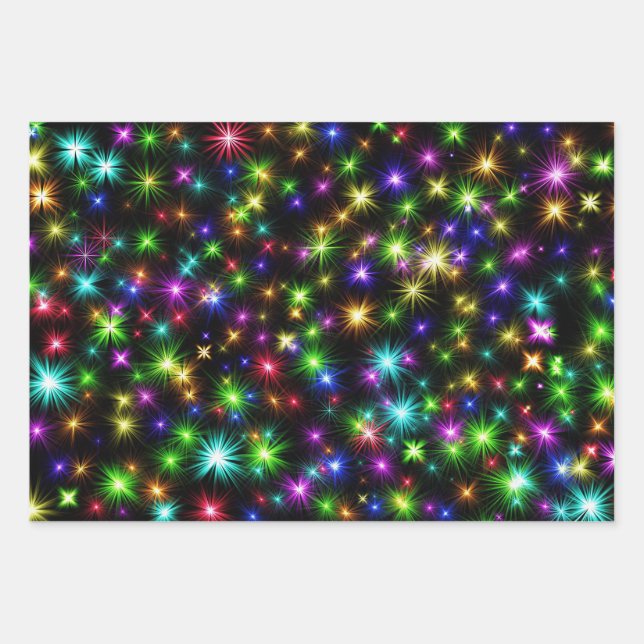 Multicolored Christmas Star Rays Pattern Wrapping Paper Sheets (Front)