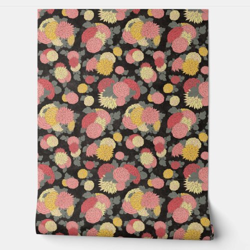 Multicolored Chrysanthemums Chinoiserie on Black Wallpaper