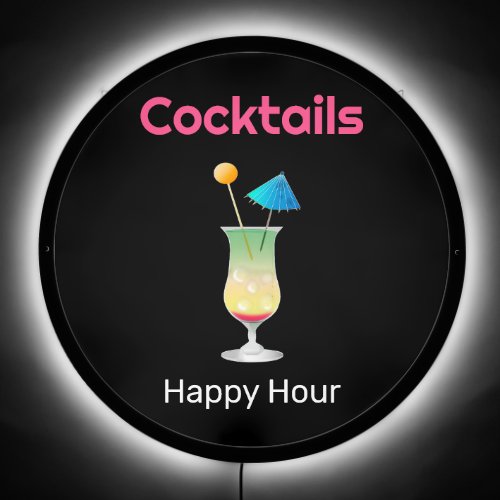 Multicolored Cocktail Glass with Umbrella on Black LED Sign