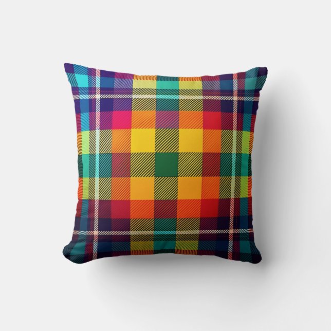 Multicolored Colorful Plaid Throw Pillow (Front)