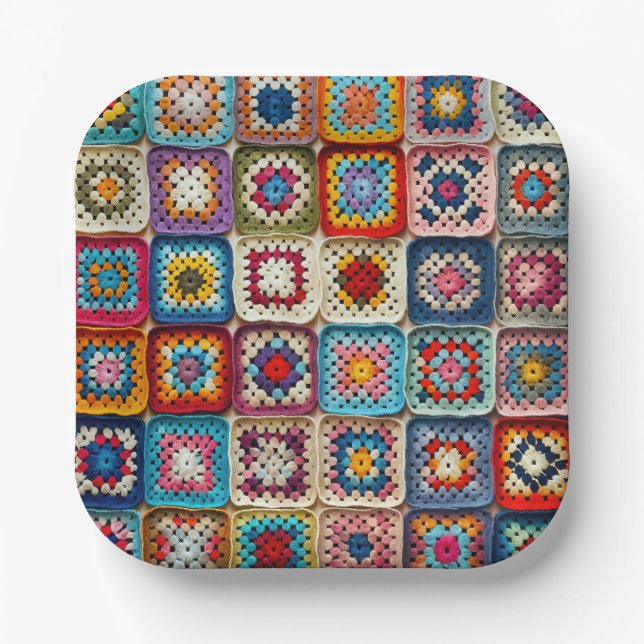 Multicolored Crocheted Granny Square Quilt Paper Plates (Front)