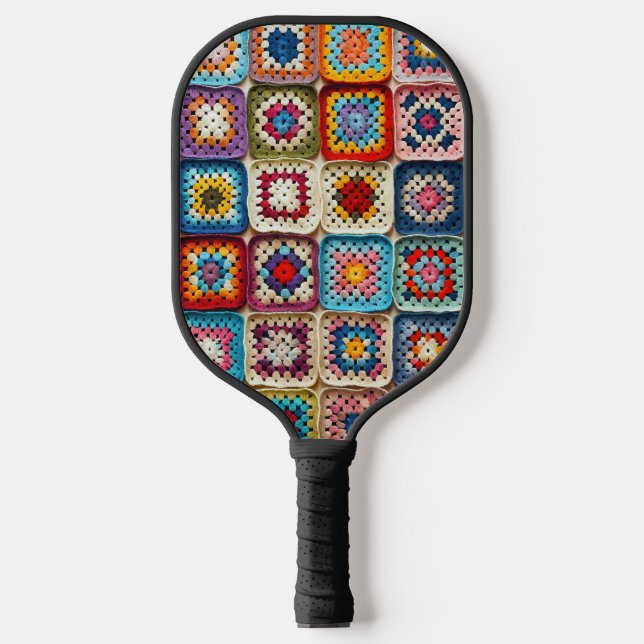 Multicolored Crocheted Granny Square Quilt Pickleball Paddle (Front)