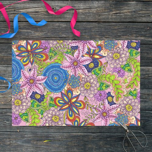 Multicolored Cute Hand_Drawn Flowers and Leaves Tissue Paper
