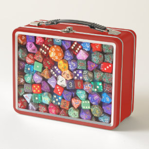 multicolored dice metal lunch box