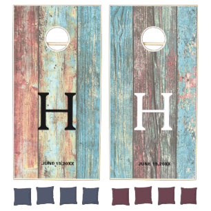 Multicolored Distressed Stained Wood Monogram Cornhole Set