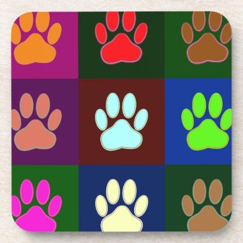 Multicolored Dog Paw Print Pattern Beverage Coaster