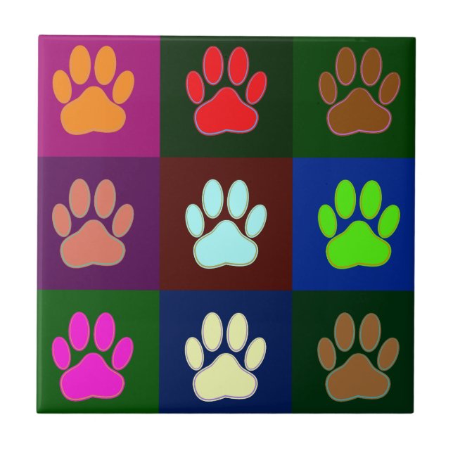 Multicolored Dog Paw Print Pattern Ceramic Tile (Front)
