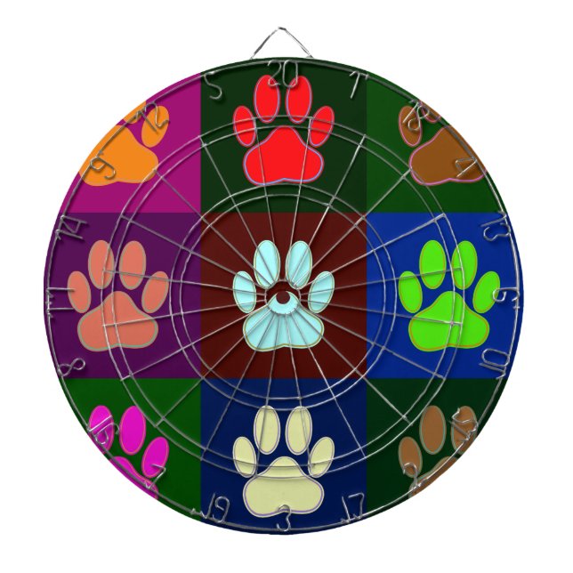 Multicolored Dog Paw Print Pattern Dart Board (Front)