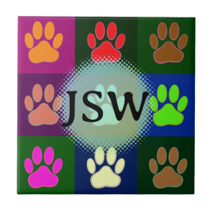 Multicolored Dog Paw Print Pattern Initials Ceramic Tile