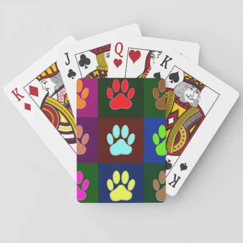 Multicolored Dog Paw Print Pattern Poker Cards