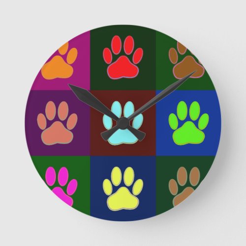 Multicolored Dog Paw Print Pattern Round Clock