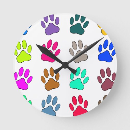 Multicolored Dog Paw Print Pattern Round Clock