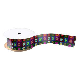 Multicolored Dog Paw Print Pattern Satin Ribbon