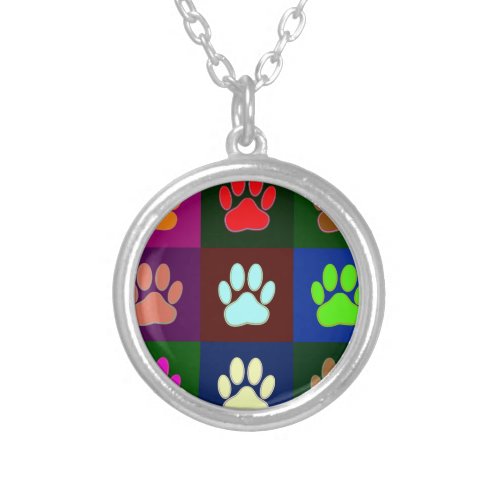 Multicolored Dog Paw Print Pattern Silver Plated Necklace