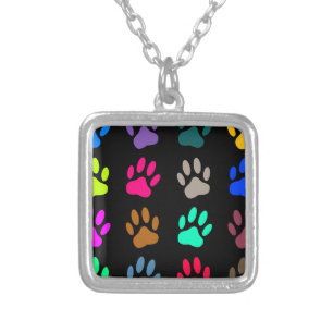Multicolored Dog Paw Print Pattern Silver Plated Necklace