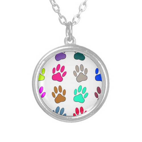 Multicolored Dog Paw Print Pattern Silver Plated Necklace