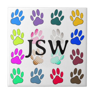 Multicolored Dog Paw Print Pattern Square Initials Ceramic Tile