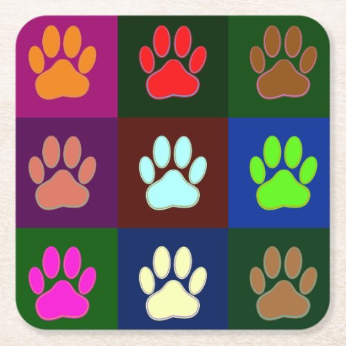 Multicolored Dog Paw Print Pattern  Square Paper Coaster