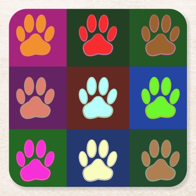 Multicolored Dog Paw Print Pattern  Square Paper Coaster (Front)