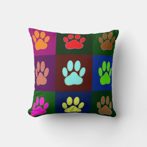 Multicolored Dog Paw Print Pattern Throw Pillow