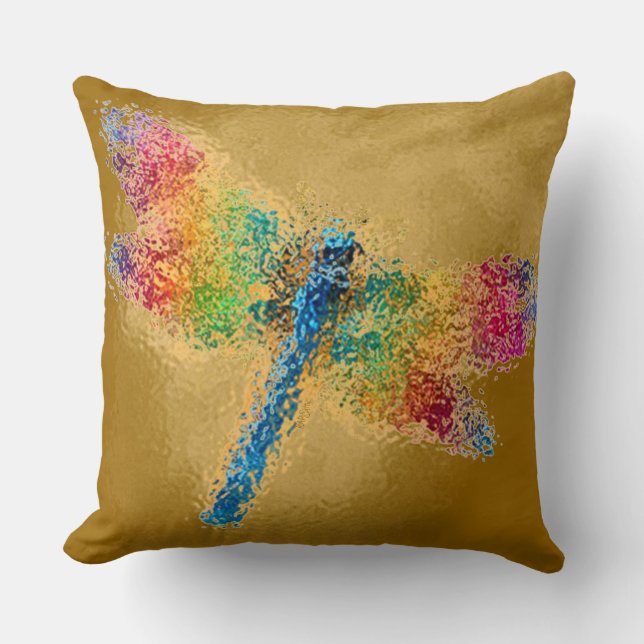 Multicolored Dragonfly Gold Throw Pillow (Front)