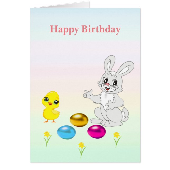 Multicolored Easter Eggs & Bunny Birthday Cards (Front)
