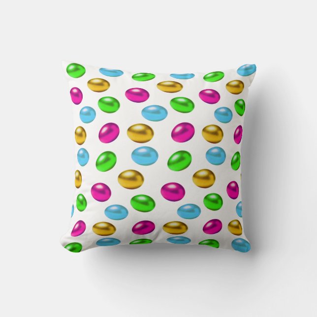 Multicolored Easter Eggs on White Throw Pillow (Front)