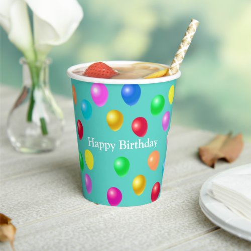 Multicolored Festive Balloons on Teal Paper Cups