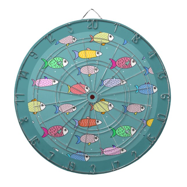 Multicolored Fish on Teal Dart Board (Front)