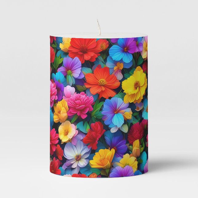 Multicolored Floral Pattern Botanical Design-75647 Pillar Candle (Front)