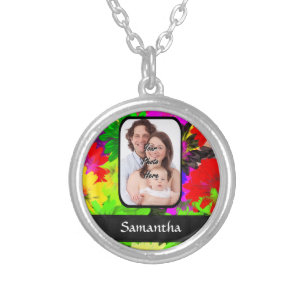 Multicolored floral photo background silver plated necklace