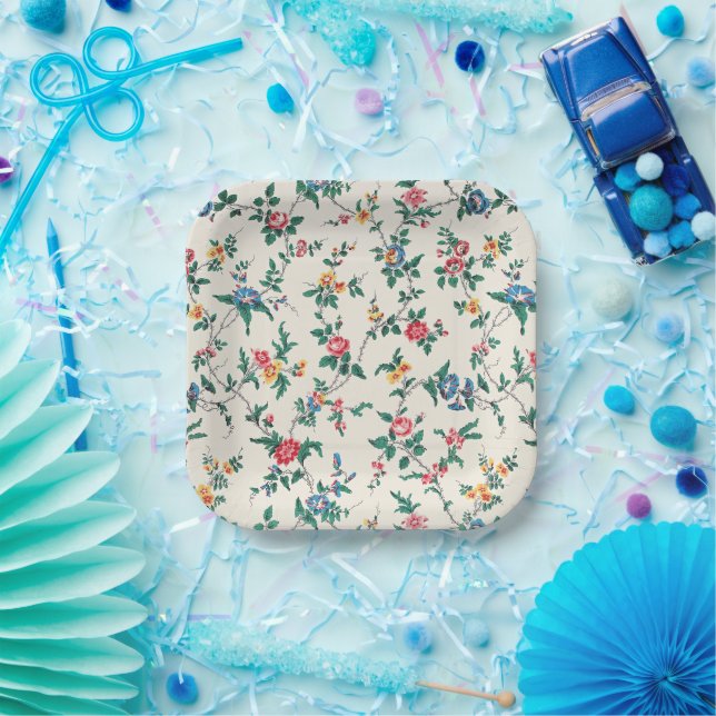 Multicolored flower pattern on white paper plates (Party)
