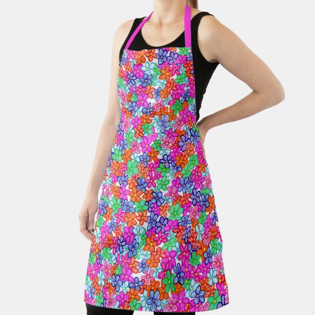 Multicolored Flowers Floral Illustration Pattern Apron (Insitu)