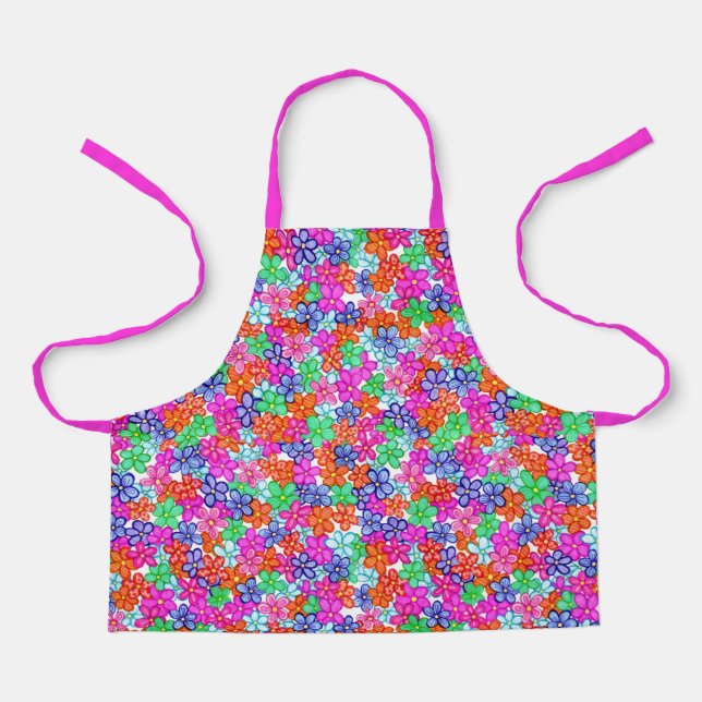 Multicolored Flowers Floral Illustration Pattern Apron (Front)
