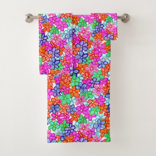 Multicolored Flowers Floral Illustration Pattern Bath Towel Set