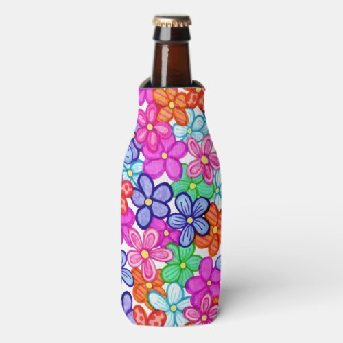 Multicolored Flowers Floral Illustration Pattern Bottle Cooler