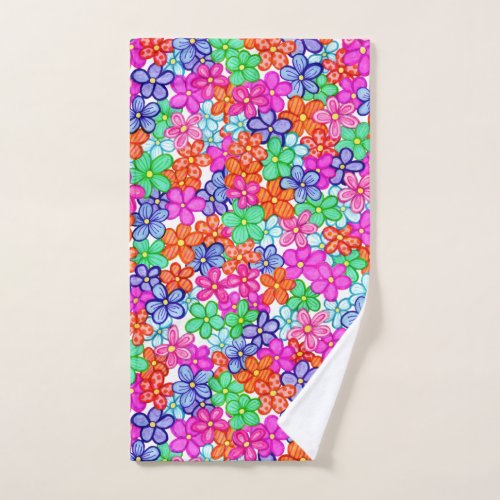 Multicolored Flowers Floral Illustration Pattern Hand Towel